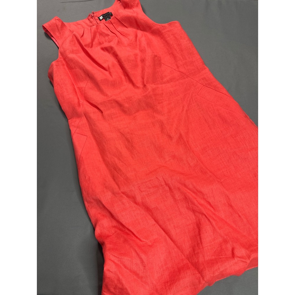 Carole Little Coral Red Linen Sleeveless Pleated Neck Shift Dress Womens 14
